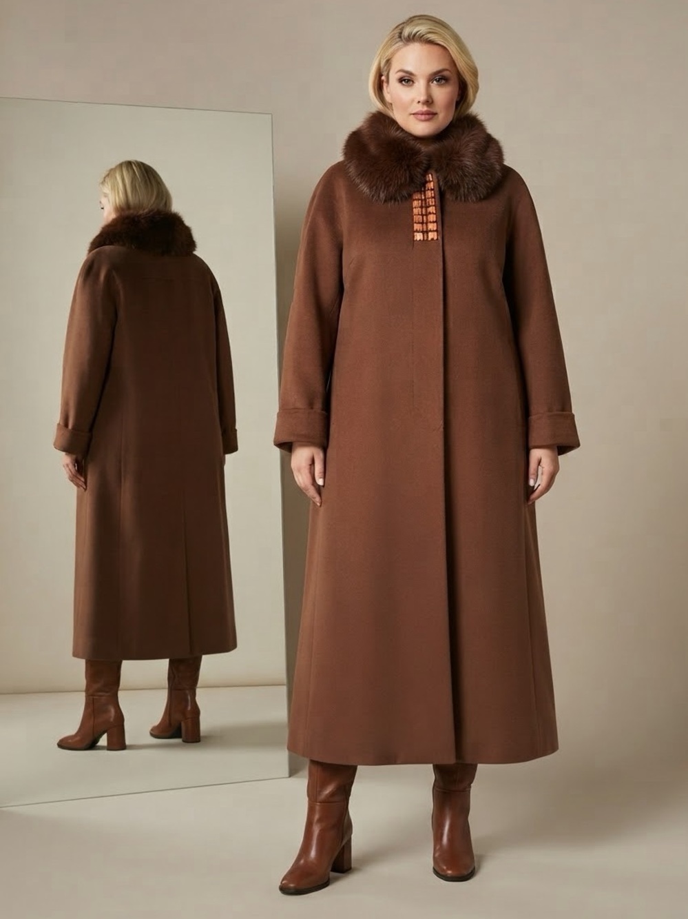 NWT WOMEN PLUS SIZE LONG COAT REAL RACCOON FUR COLLAR‎ OVERSIZED CASHMERE BLEND
